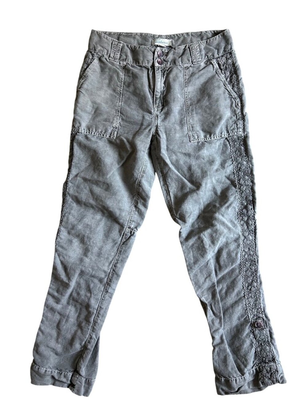 Sundance Women's Sz 10 Gray Lace-Trimmed Cotton-Linen Pants